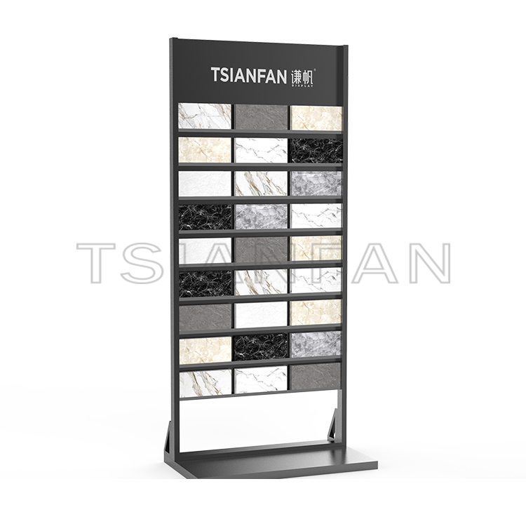 Store new design custom quartz marble granite rock tile sample display rack metal upright shelf landing rack cd107