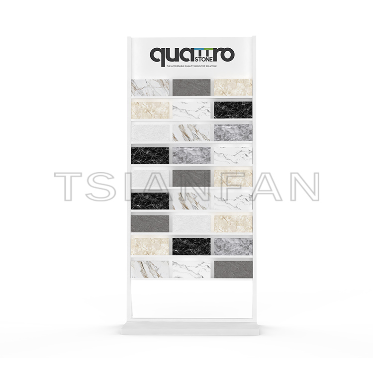 Store new design custom quartz marble granite rock tile sample display rack metal upright shelf landing rack cd107