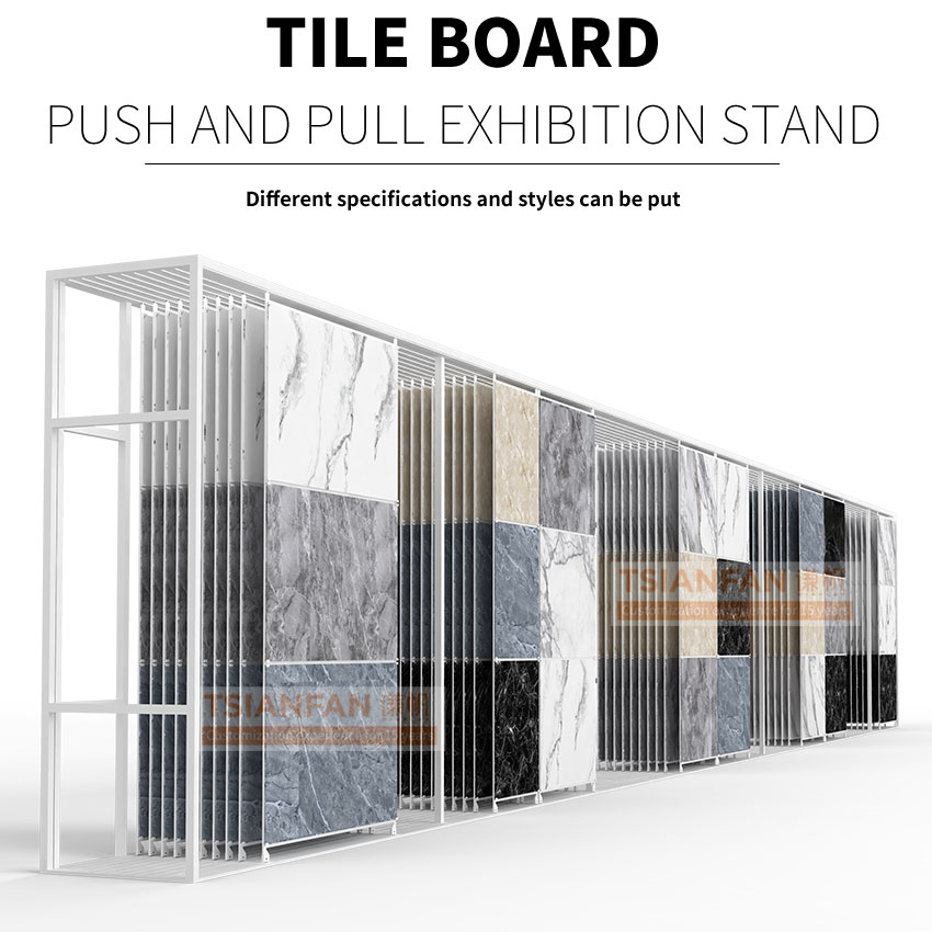 Customize Large tile creamic push pull sliding display rack marble slab metal displays stand