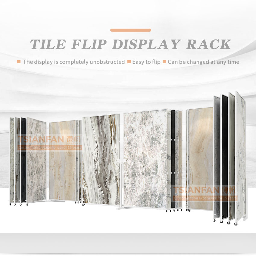 Large tile marble slab page turning sliding display rack metal flooring rack