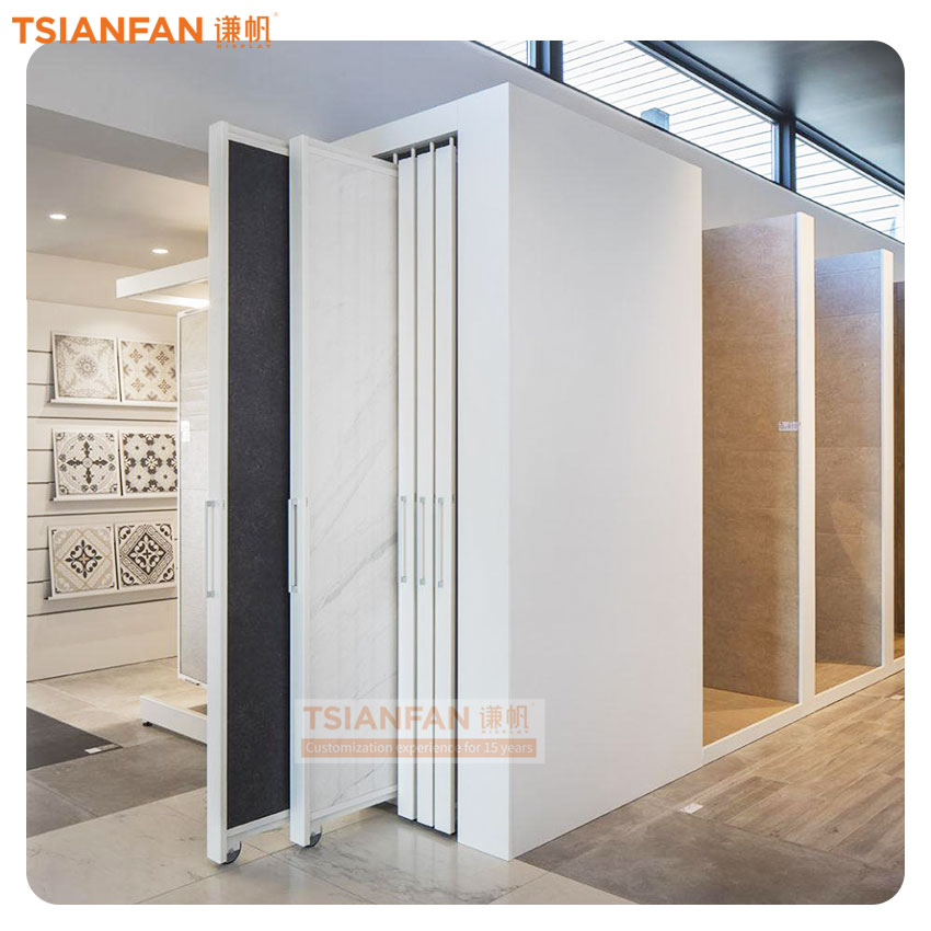 Showroom floor stand Large Marble slab custom push pull cabinet sliding display large tile plate display rack flooring metal rack